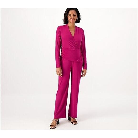 ATTITUDES BY RENEE NEW $70 Como Jersey Mock Wrap Waist Jumpsuit Plum Red Small - Picture 1 of 2